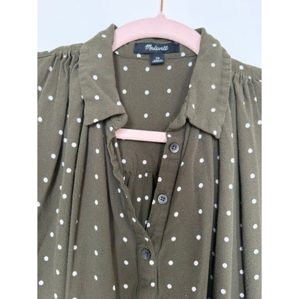 Madewell Olive Green Polka Dot Blouse | Draped Henley Top | Size XS - Picture 3 of 10
